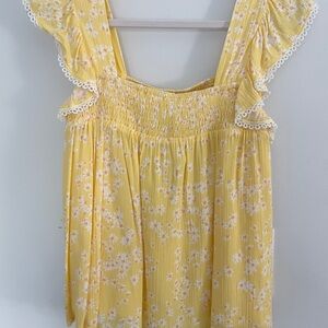 Lost + Wander Top Womens Floral Daisy Yellow Ruffle Sleeve Boho Chic Garden GIrl